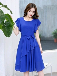 Elizy Women Black Plain Flair Georgette Short Dress - S, Royal Blue, Georgette